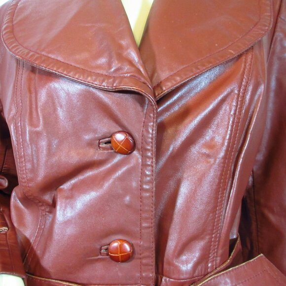Vintage Genuine Leather Jacket Trench Coat S/Small Made in Korea Dark Red Maroon - Picture 6 of 16